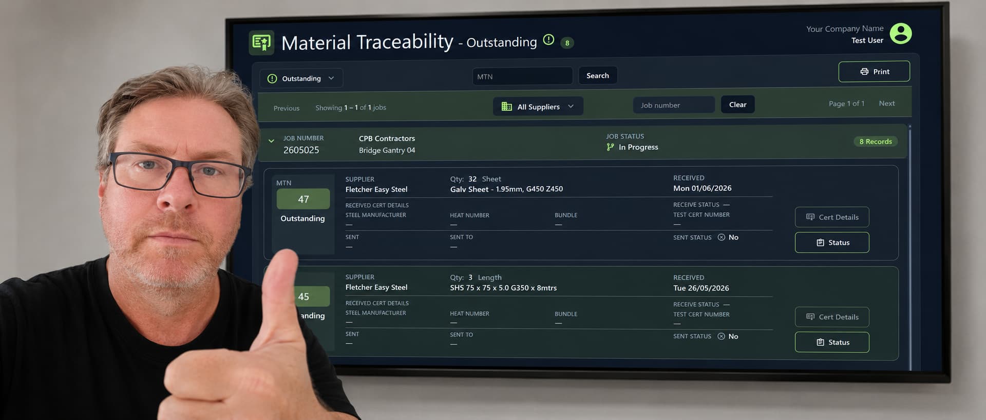 Person giving thumbs up beside Big Vision Material Traceability software on screen